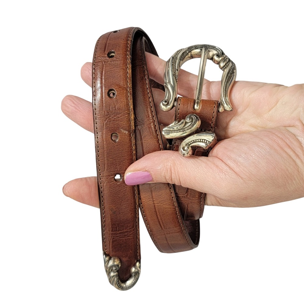 Brown‎ Mock Croc Leather Western Belt Silver Ornate 3pc Buckle Set USA M